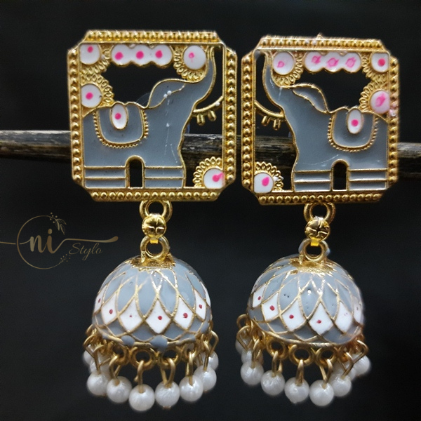 Meenakari Elephant Statement Jhumka Grey