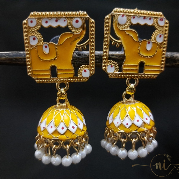 Meenakari Elephant Statement Jhumka Yellow