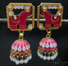 Meenakari Elephant Statement Jhumka Pink