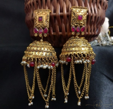 Golden Big Red and White Moti Jhumka