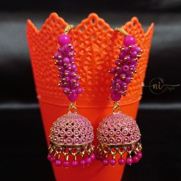 Pink Oxidised jhumka drop