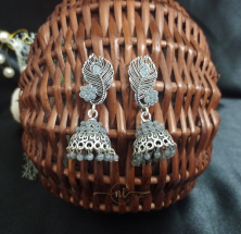 Peacock Feather Oxidised Jhumka Grey