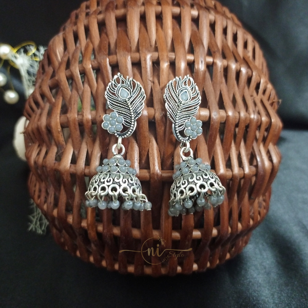 Peacock Feather Oxidised Jhumka Grey