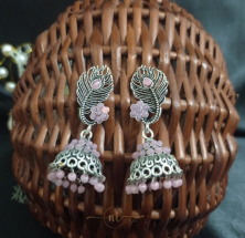 Peacock Feather Oxidised Jhumka pink