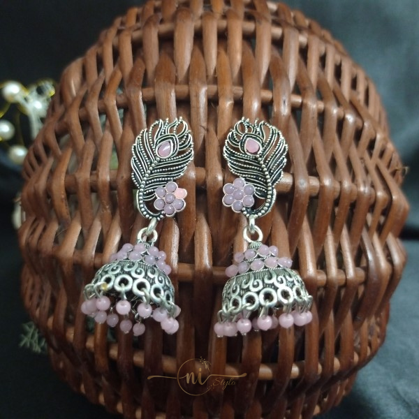 Peacock Feather Oxidised Jhumka pink