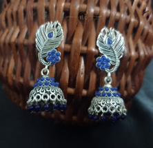 Peacock Feather Oxidised Jhumka Royal Blue