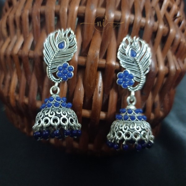 Peacock Feather Oxidised Jhumka Royal Blue