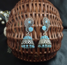 Peacock Feather Oxidised Jhumka Sky Blue