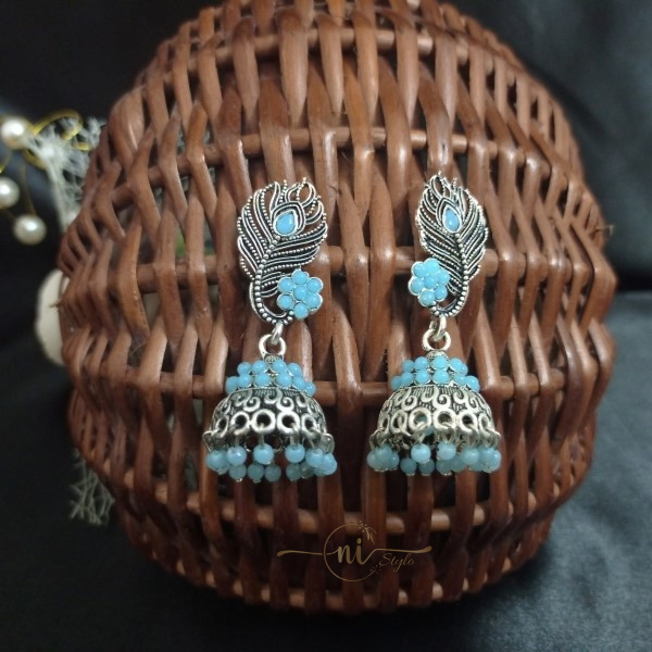Peacock Feather Oxidised Jhumka Sky Blue