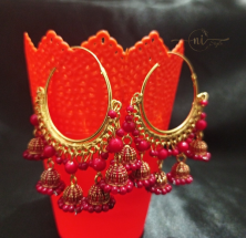 Big Hoops With 5 Small Jhumkas Red