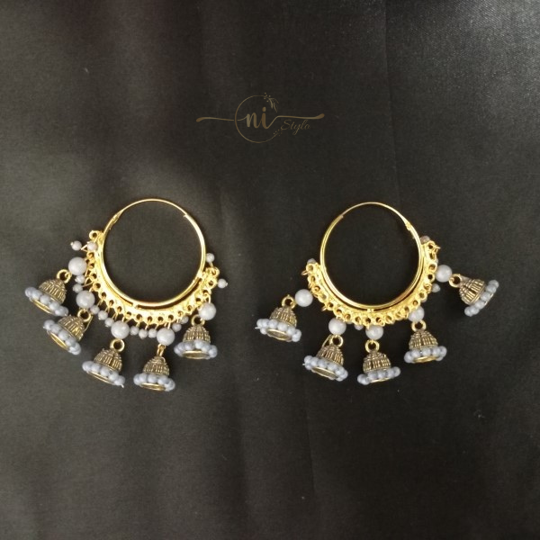 Big Hoops With 5 Small Jhumkas Grey