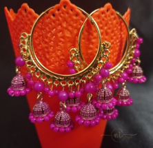 Big Hoops With 5 Small Jhumkas Pink