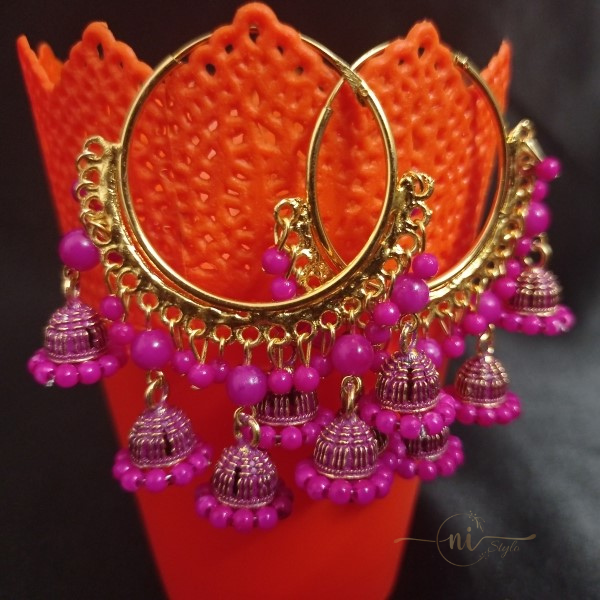 Big Hoops With 5 Small Jhumkas Pink