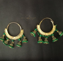 Big Hoops With 5 Small Jhumkas Dark Green