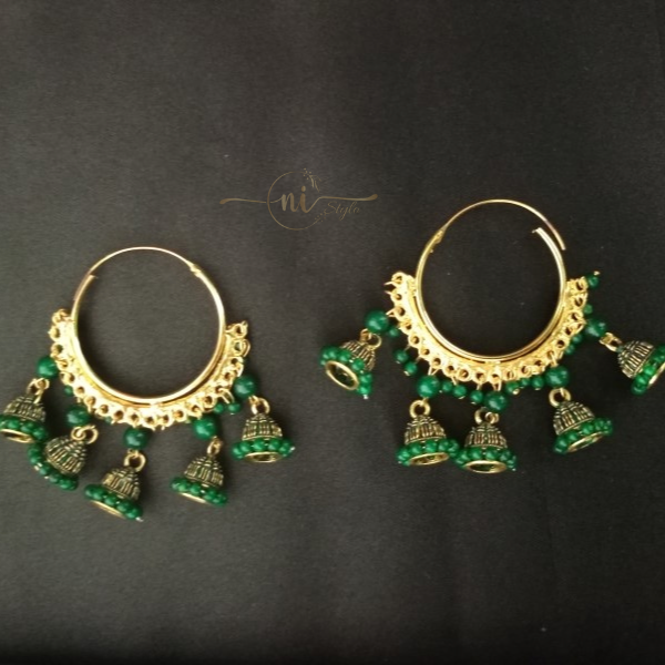 Big Hoops With 5 Small Jhumkas Dark Green
