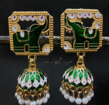 Meenakari Elephant Statement Jhumka Dark Green
