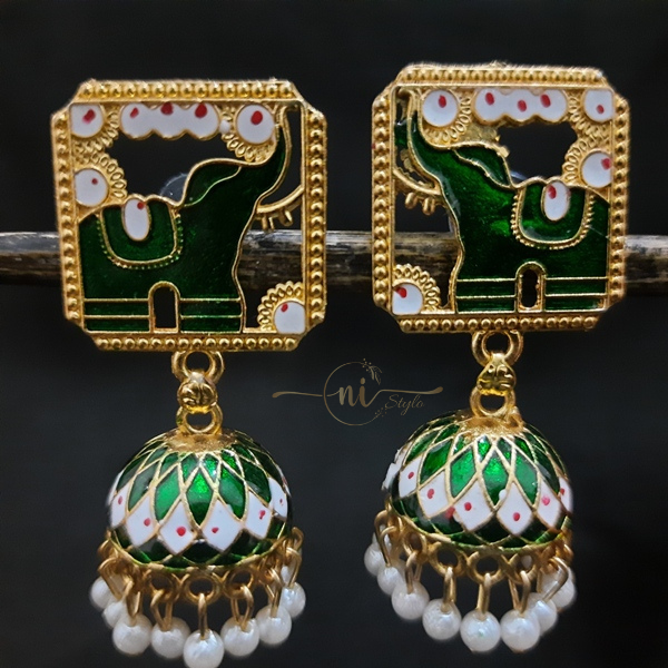 Meenakari Elephant Statement Jhumka Dark Green