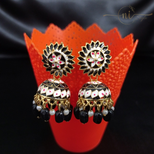 Round Meenakari Jhumka Black