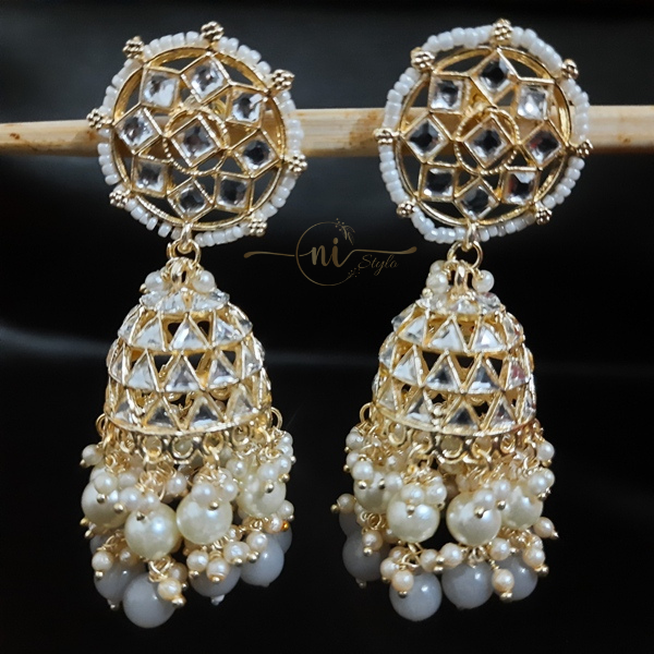 Kundan Pearl Beaded Jhumka Grey