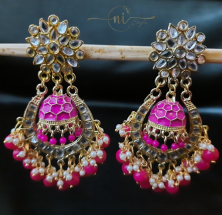 Kundan Meenakari Round Jhumka Magenta