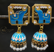 Meenakari Elephant Statement Jhumka Sky Blue