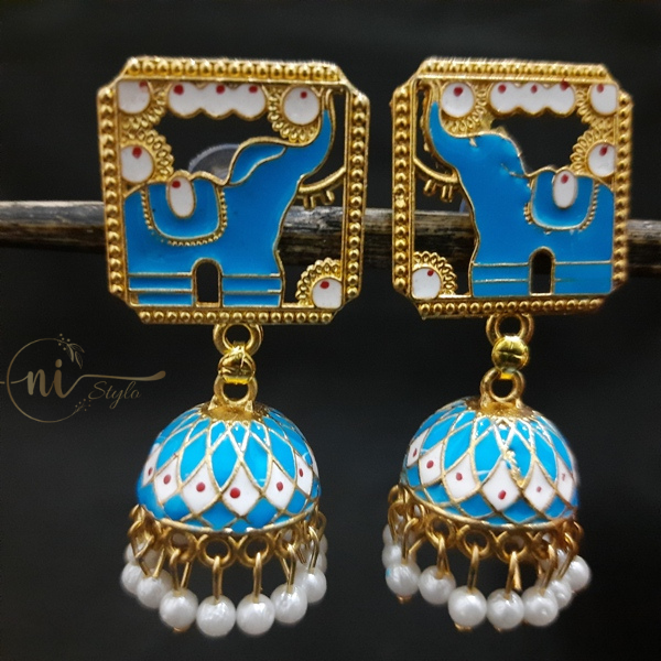 Meenakari Elephant Statement Jhumka Sky Blue