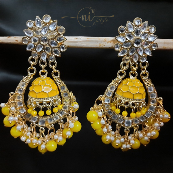 Kundan Meenakari Round Jhumka Yellow