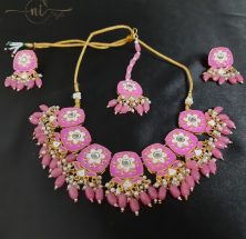 Meenakari Square Necklace Set with Mangtika Pink