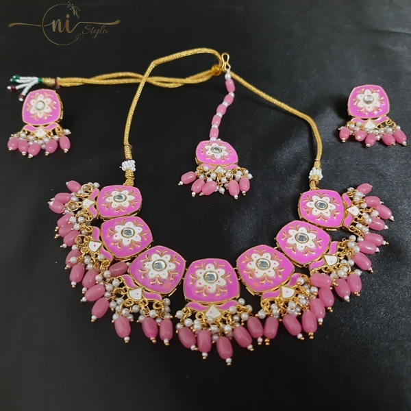 Meenakari Square Necklace Set with Mangtika Pink