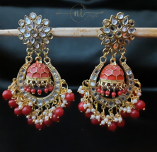 Kundan Meenakari Round Jhumka Red