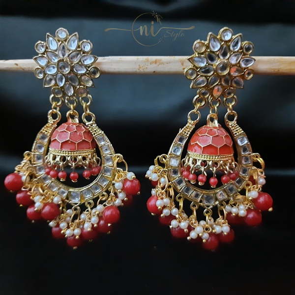Kundan Meenakari Round Jhumka Red