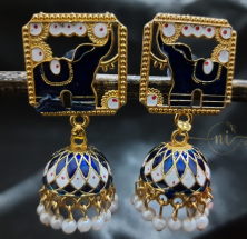 Meenakari Elephant Statement Jhumka Royal Blue