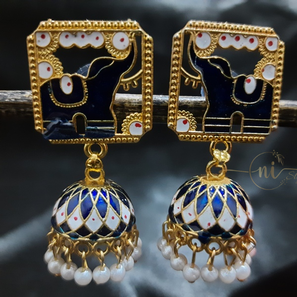Meenakari Elephant Statement Jhumka Royal Blue
