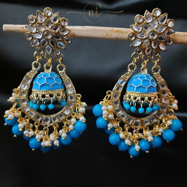 Kundan Meenakari Round Jhumka Blue