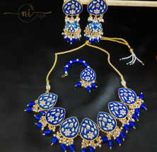 Meenakari Tear Drop Necklace Set with Mangtika Royal Blue