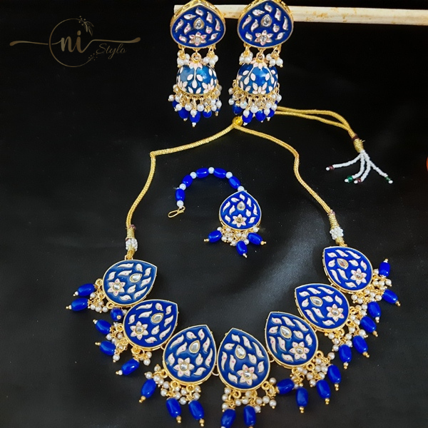 Meenakari Tear Drop Necklace Set with Mangtika Royal Blue