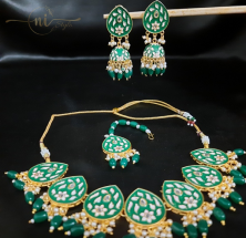 Meenakari Tear Drop Necklace Set with Mangtika Dark Green