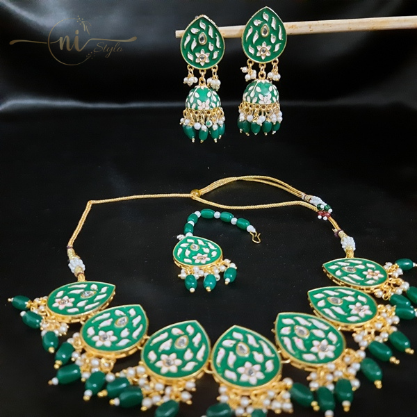 Meenakari Tear Drop Necklace Set with Mangtika Dark Green