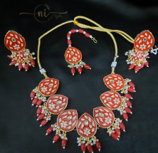 Meenakari Tear Drop Necklace Set with Mangtika Red