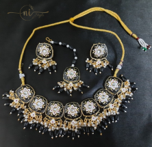 Meenakari Square Necklace Set with Mangtika Black