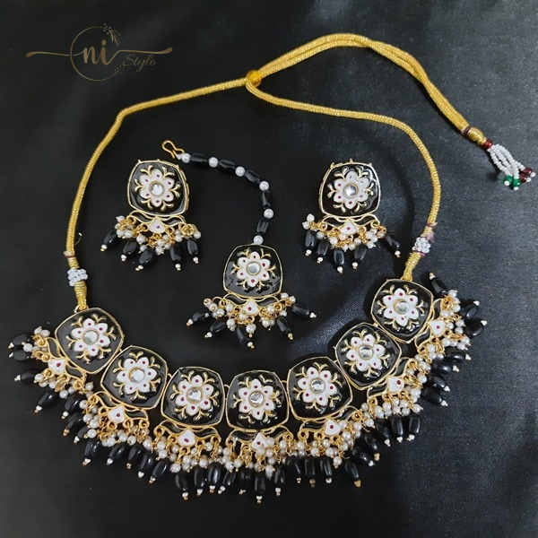 Meenakari Square Necklace Set with Mangtika Black