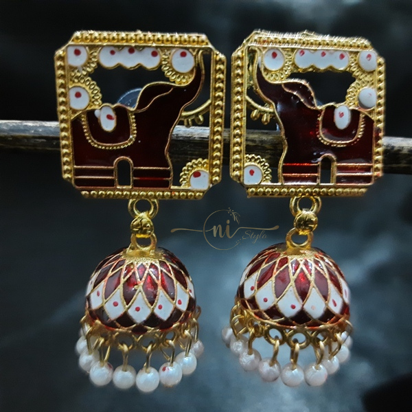 Meenakari Elephant Statement Jhumka Maroon