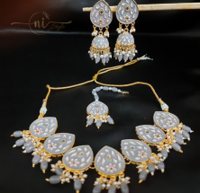 Meenakari Tear Drop Necklace Set with Mangtika Grey