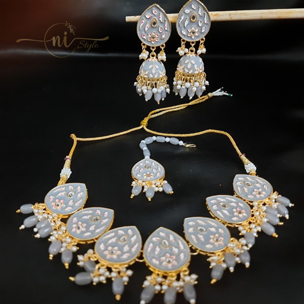 Meenakari Tear Drop Necklace Set with Mangtika Grey