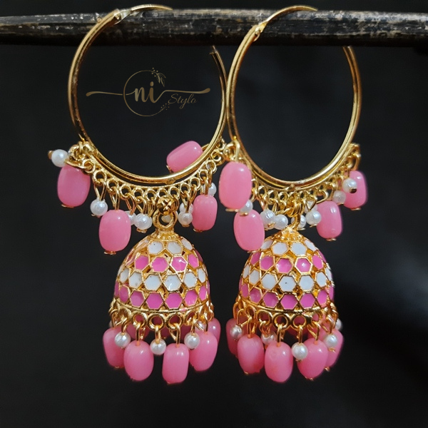 Meenakari Hoop Jhumka Pink