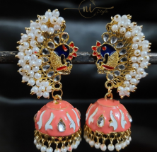 Beaded Peacock Meenakari Jhumka Peach
