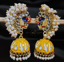 Beaded Peacock Meenakari Jhumka Yellow