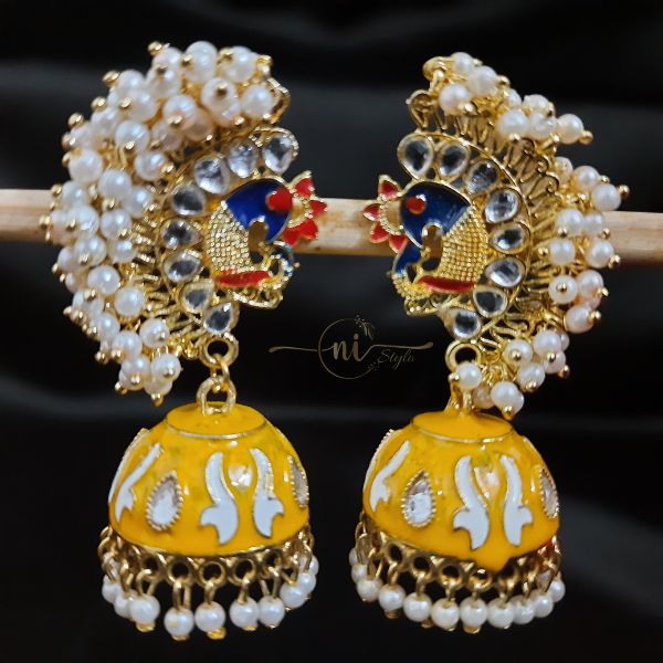 Beaded Peacock Meenakari Jhumka Yellow