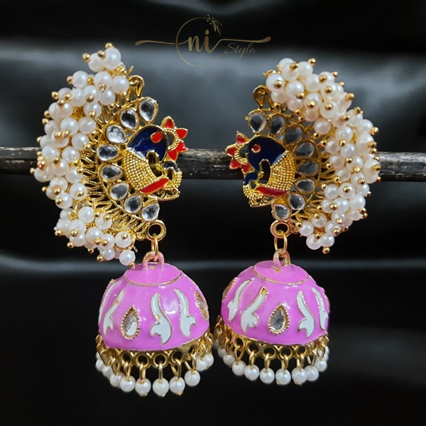 Beaded Peacock Meenakari Jhumka Pink