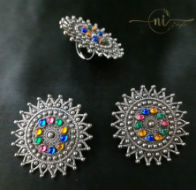 Oxidised Multicolored Studs and Ring Set